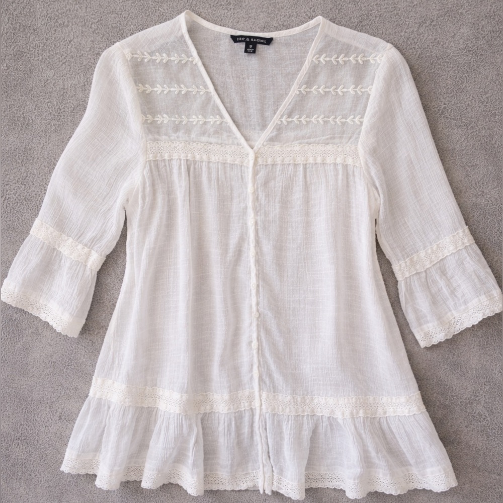 Zac & Rachel Peasant Top white bell sleeves lace size M